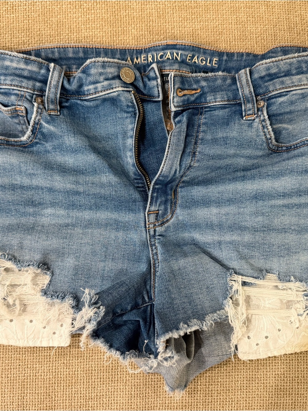 American Eagle Outfitters Light Blue Distressed Denim Shorts with Lace Trim